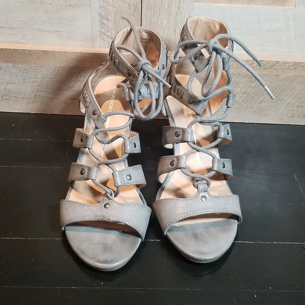 Cute Gray Platform Wedge Sandles with Laced Up Tie Size 8.5